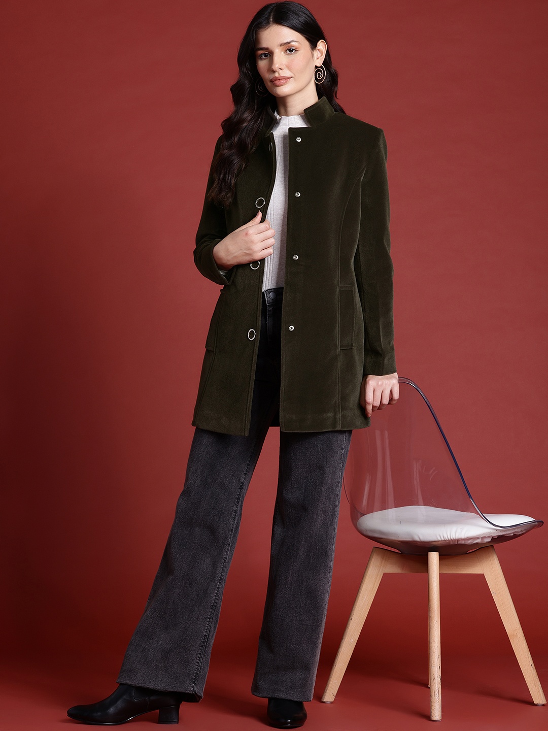 

all about you Velvet Finish Stand Collar Longline Overcoat, Olive