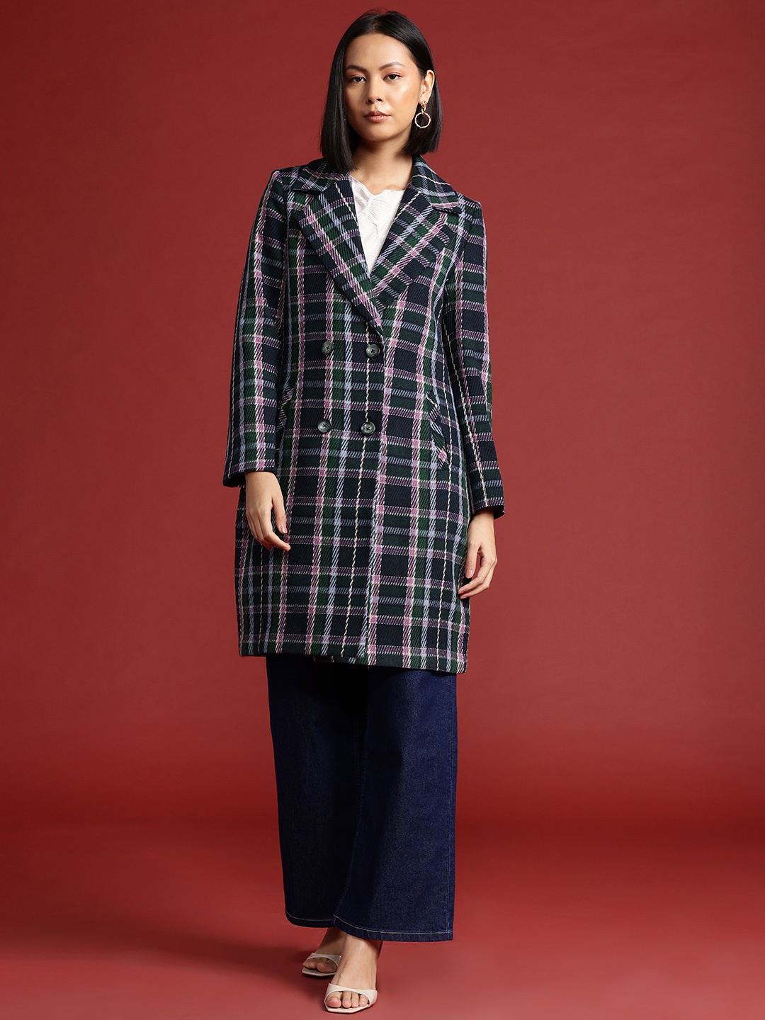 

all about you Checked Double-Breasted Longline Coat, Navy blue