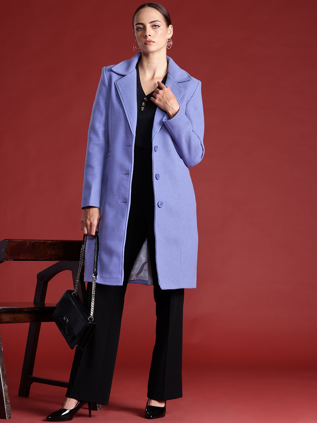 

all about you Notched Lapel Collar Trench Coat, Blue