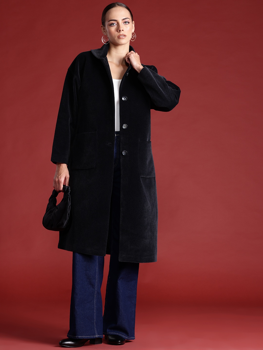 

all about you Single Breasted Longline Velvet Finish Overcoat, Black