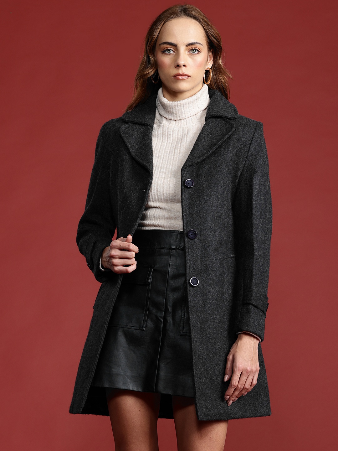 

all about you Notched Lapel Single-Breasted Flannel Overcoat, Charcoal
