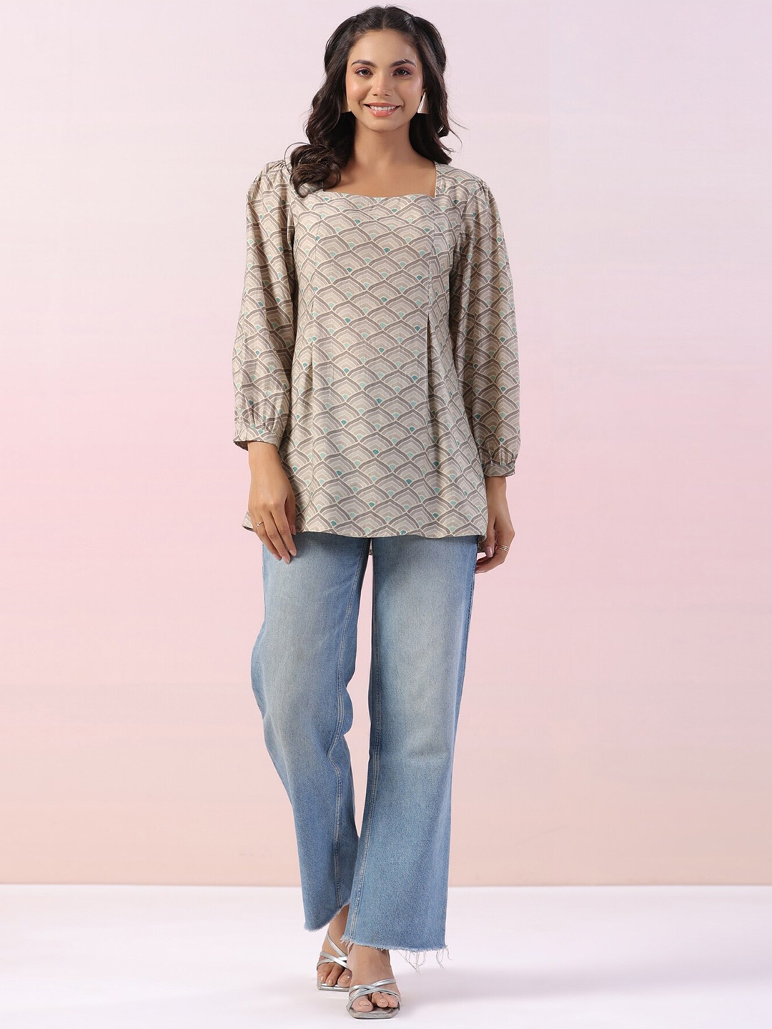 

JISORA Round Neck Long Puff Sleeves Pure Silk Top, Grey