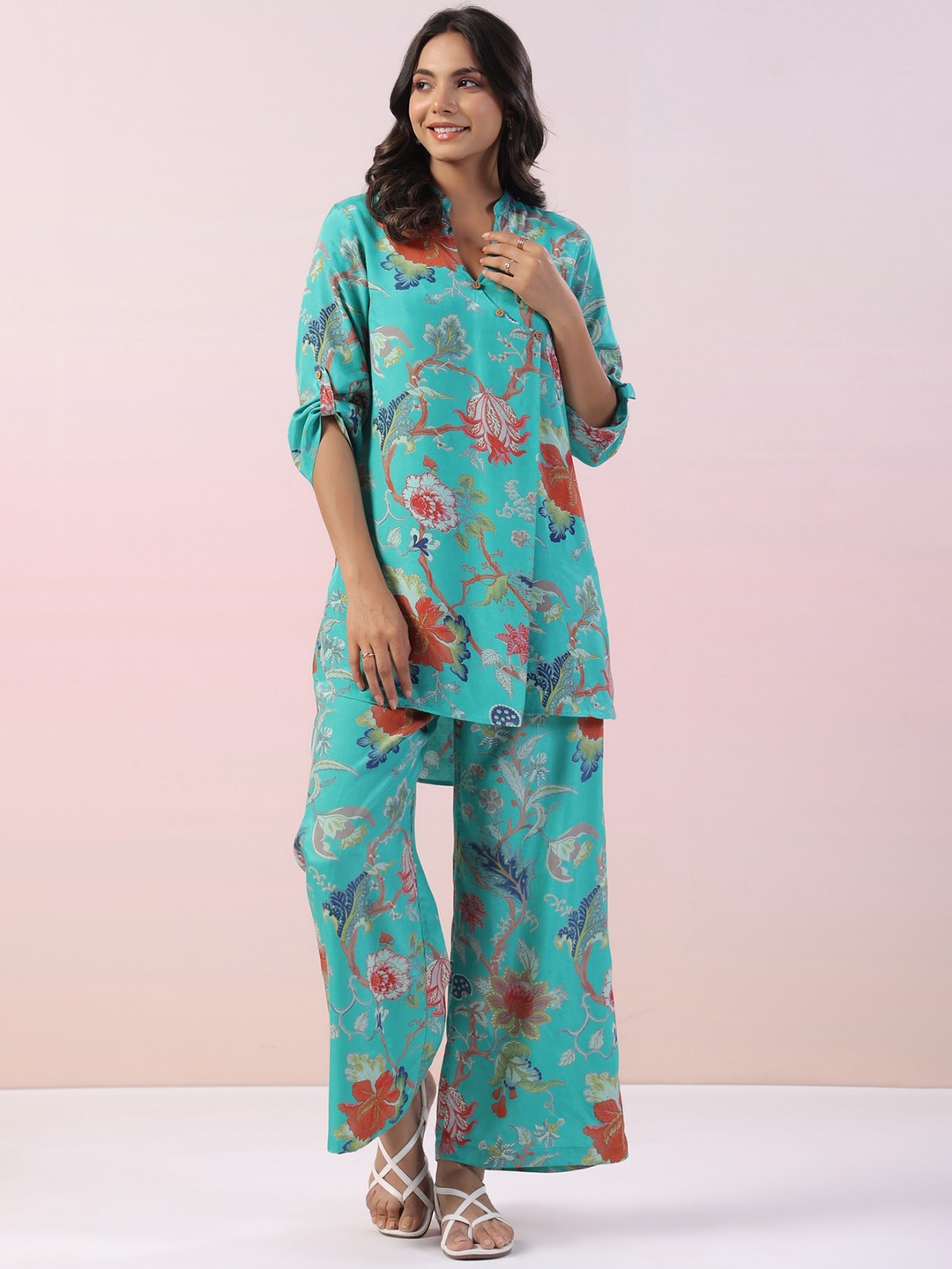 

JISORA Floral Printed Mandarin Collar Pure Silk Top With Pyjamas, Sea green
