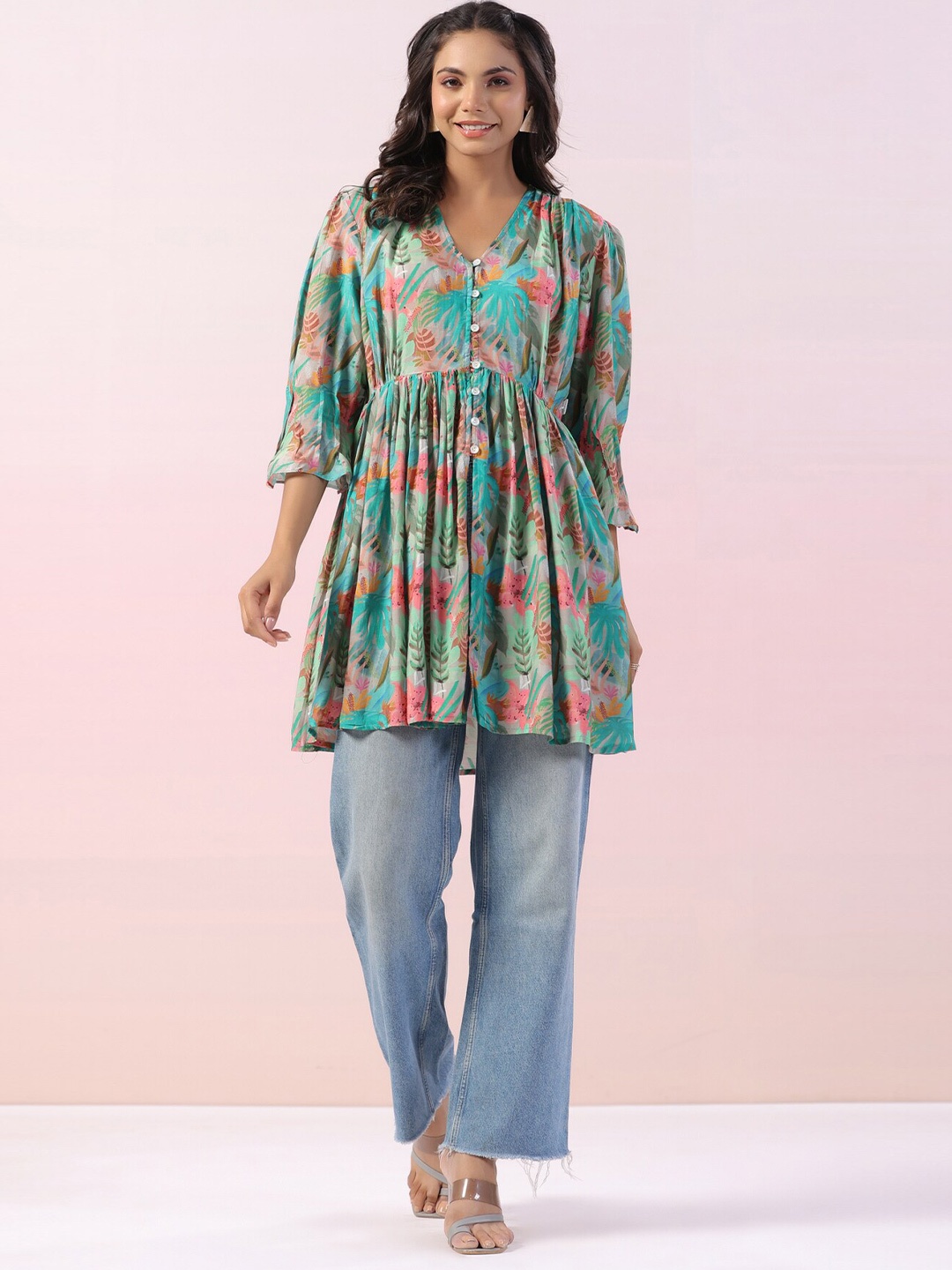 

JISORA V Neck Flared Sleeves Floral Print Pure Silk Empire Top, Green