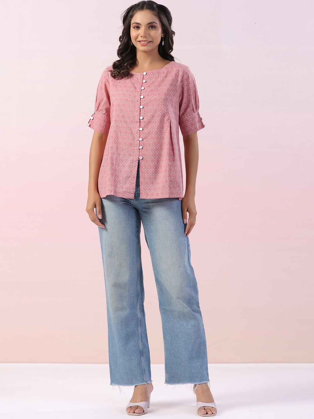 

JISORA Round Neck Puff Sleeves Cotton Floral Printed Cotton Top, Pink