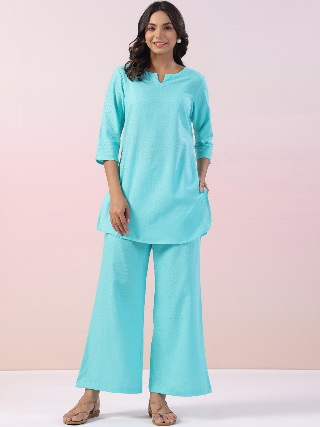 

JISORA Printed Cotton Kurti With Trouser, Blue