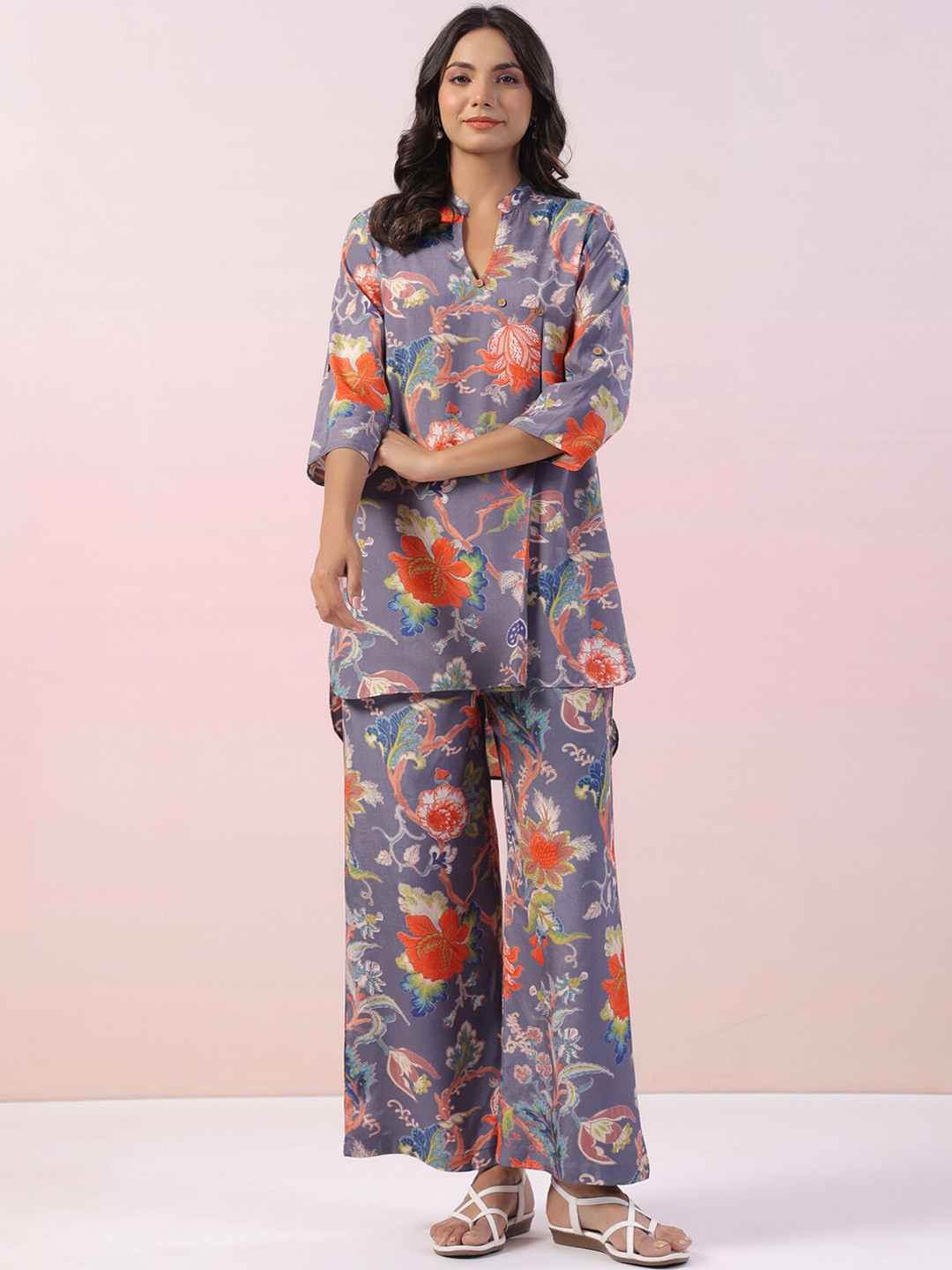 

JISORA Grey Printed Mandarin Collar Pure Silk Night suits