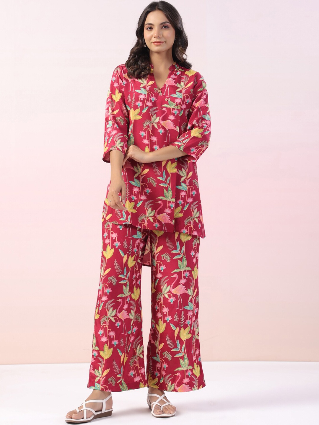 

JISORA Magenta Printed Mandarin Collar Pure Silk Night suits