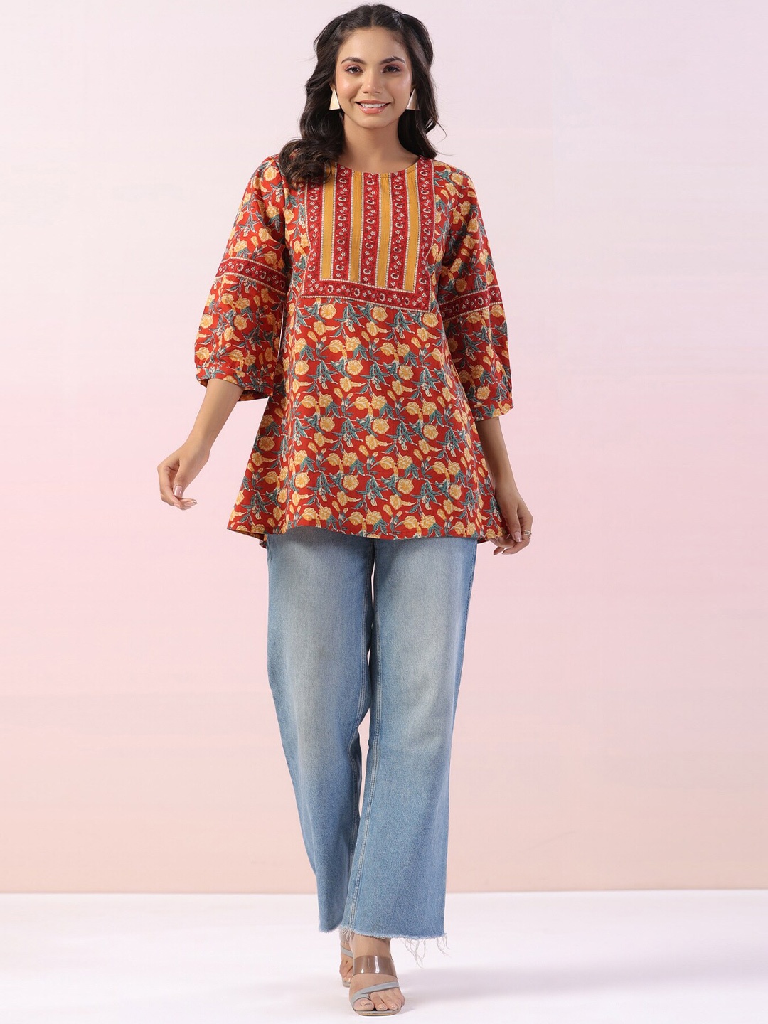 

JISORA Round Neck Puff Sleeves Floral Print Cotton Top, Red