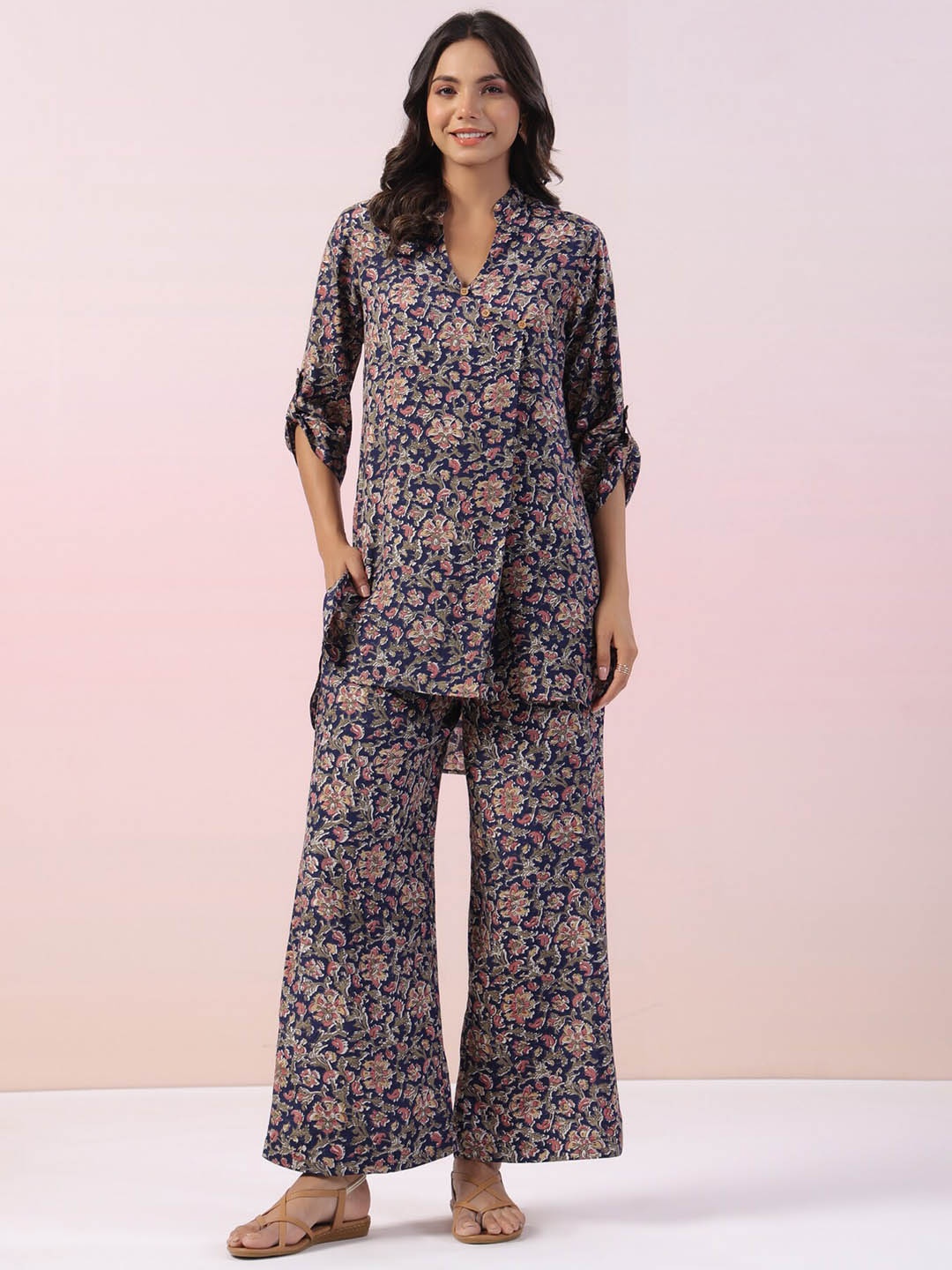 

JISORA Floral Printed Mandarin Collar Pure Silk Top With Pyjamas, Blue