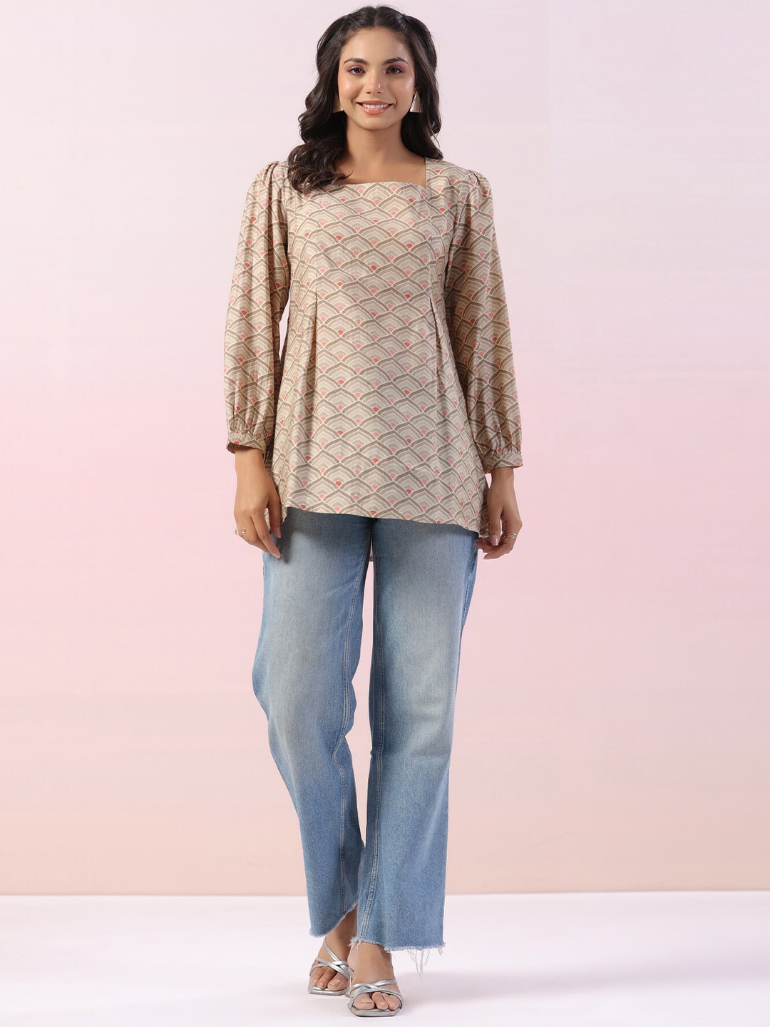 

JISORA Round Neck Long Puff Sleeves Pure Silk Top, Grey