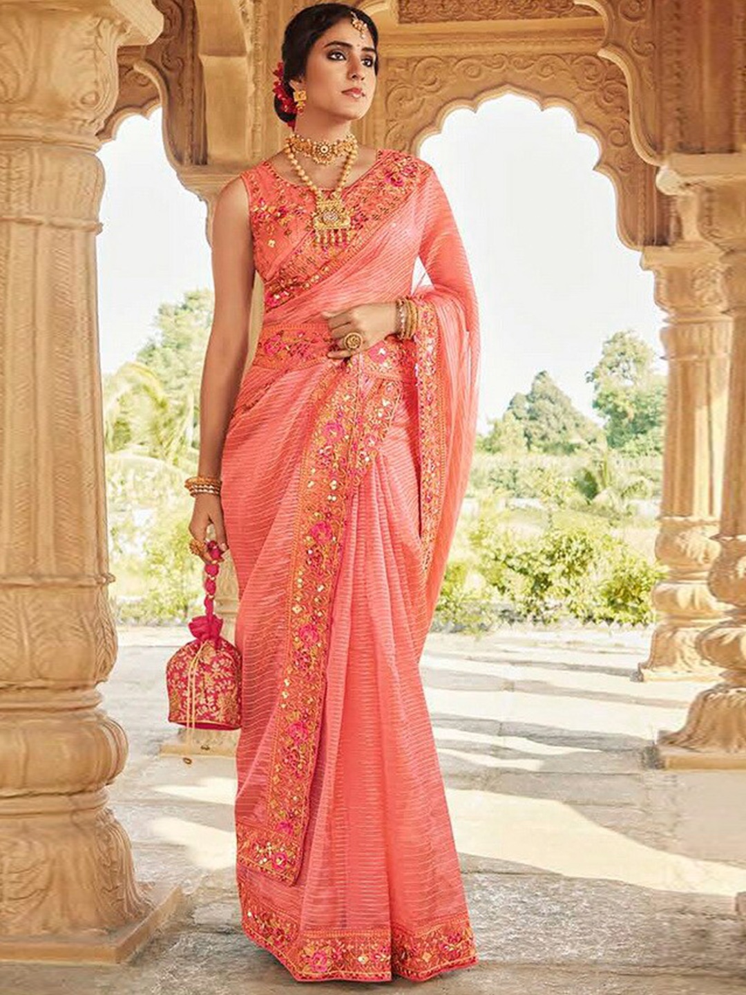 

Mitera Ethnic Motifs Embroidered Embellished Organza Belted Saree, Peach