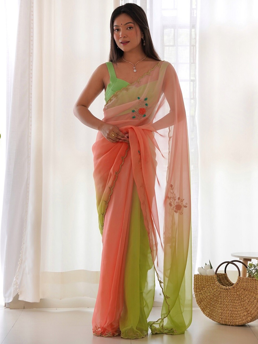 

Mitera Green Floral Embroidered Organza Saree