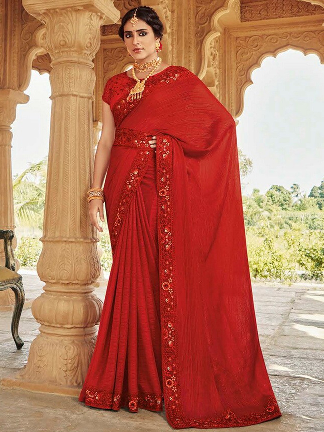 

Mitera Red Floral Embellished Embroidered Satin Saree
