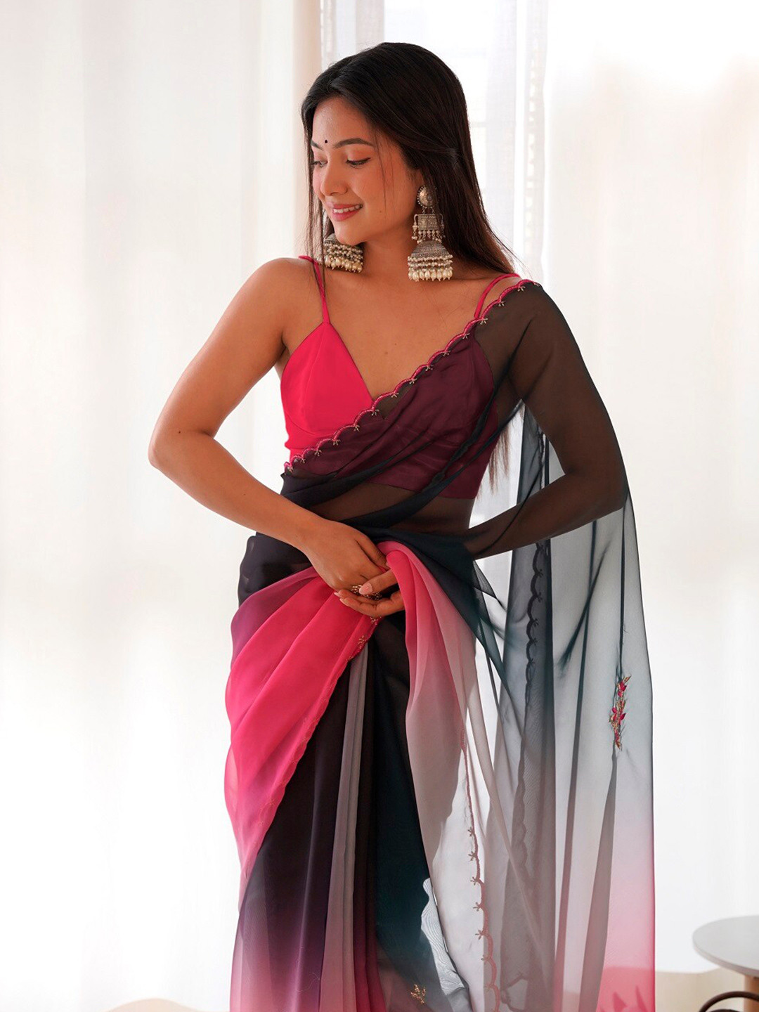 

Mitera Black Ombre Embroidered Organza Saree