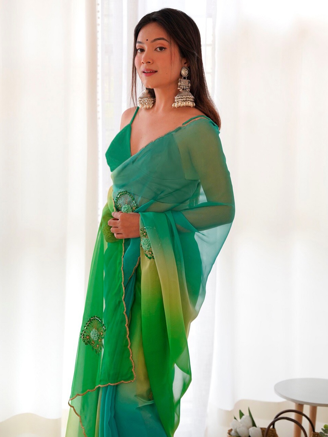 

Mitera Green Floral Embroidered Organza Saree, Turquoise blue