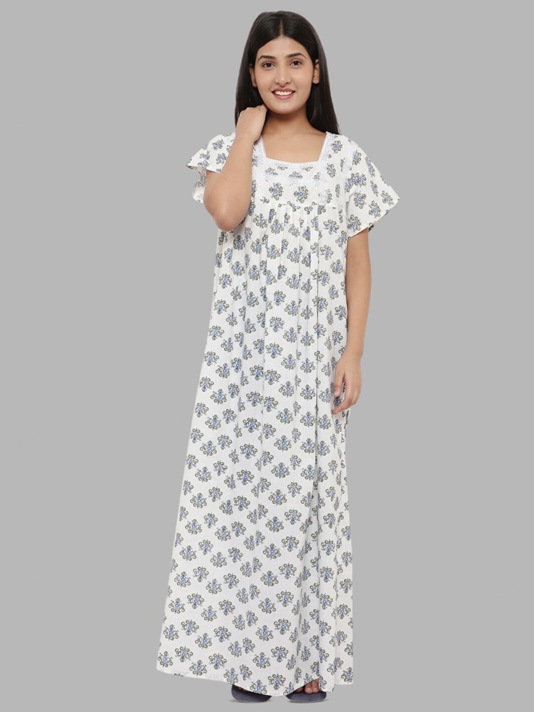 

PALIVAL Printed Maxi Pure Cotton Nightdress, White