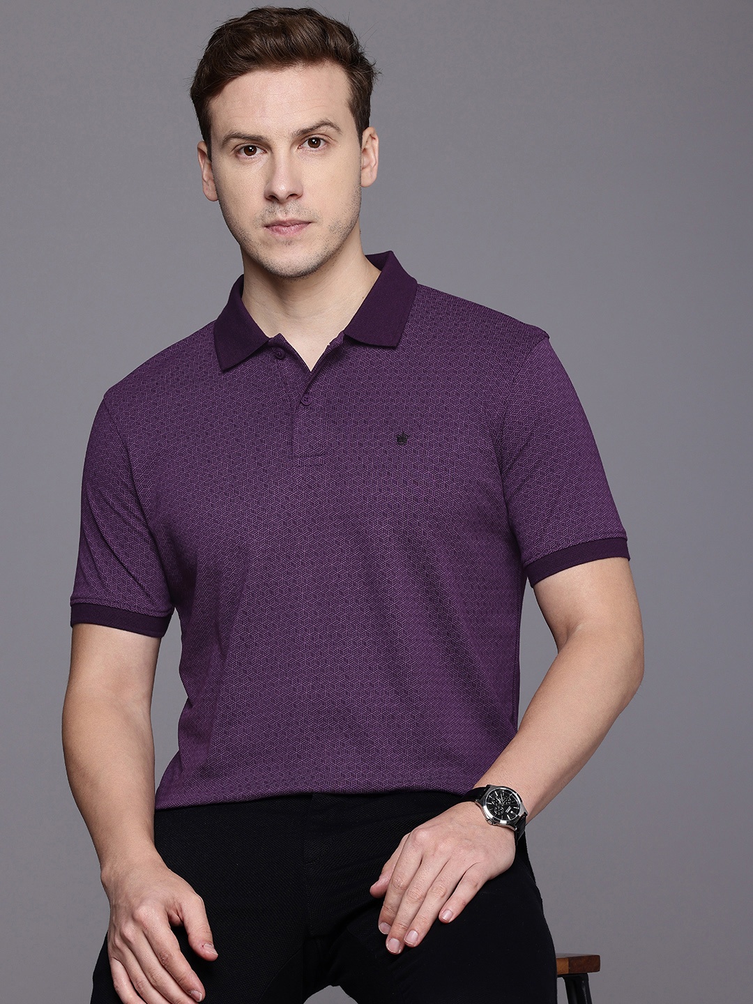 

Louis Philippe Pure Cotton Geometric Printed Polo Collar T-shirt, Purple