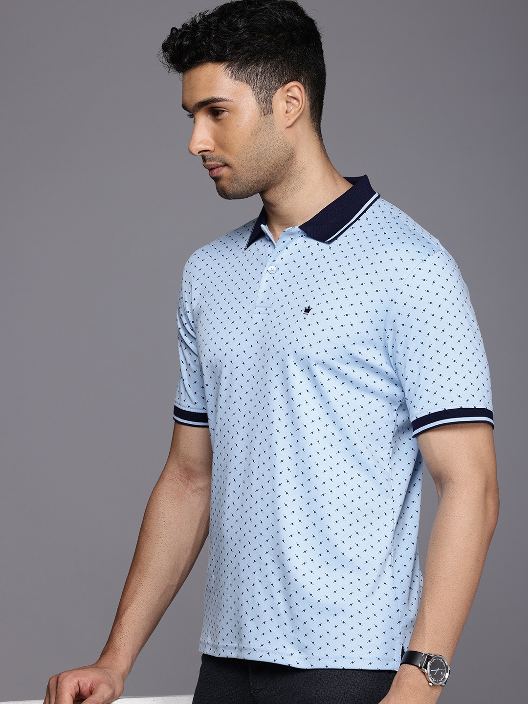 

Louis Philippe Pure Cotton Geometric Printed Polo Collar T-shirt, Blue