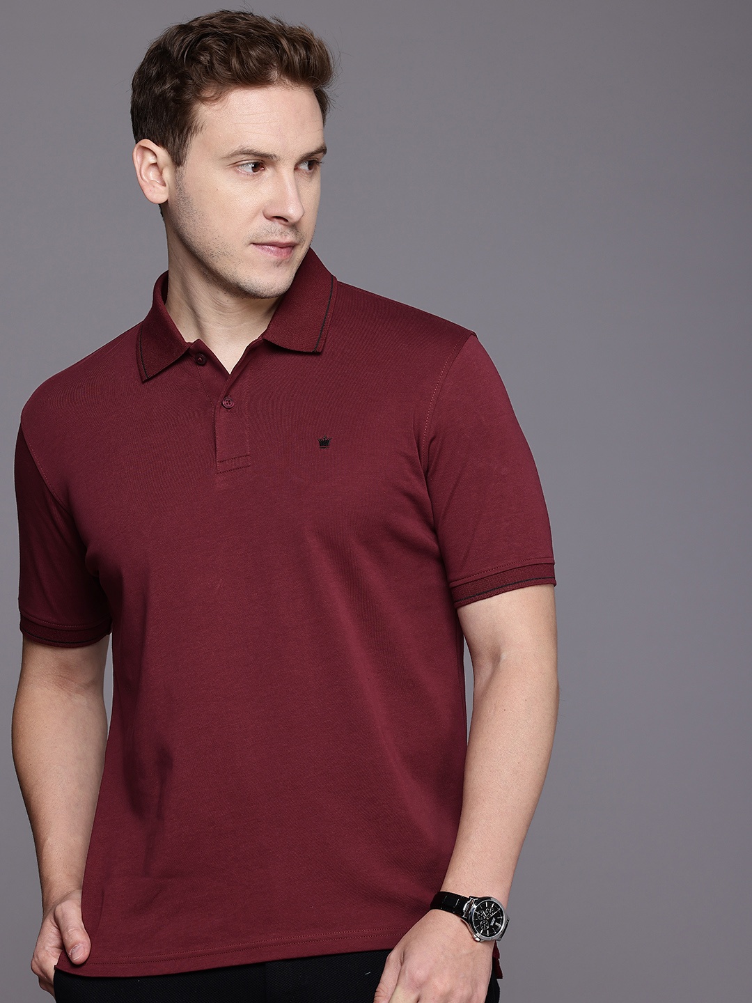 

Louis Philippe Men Polo Collar Pure Cotton T-shirt, Maroon
