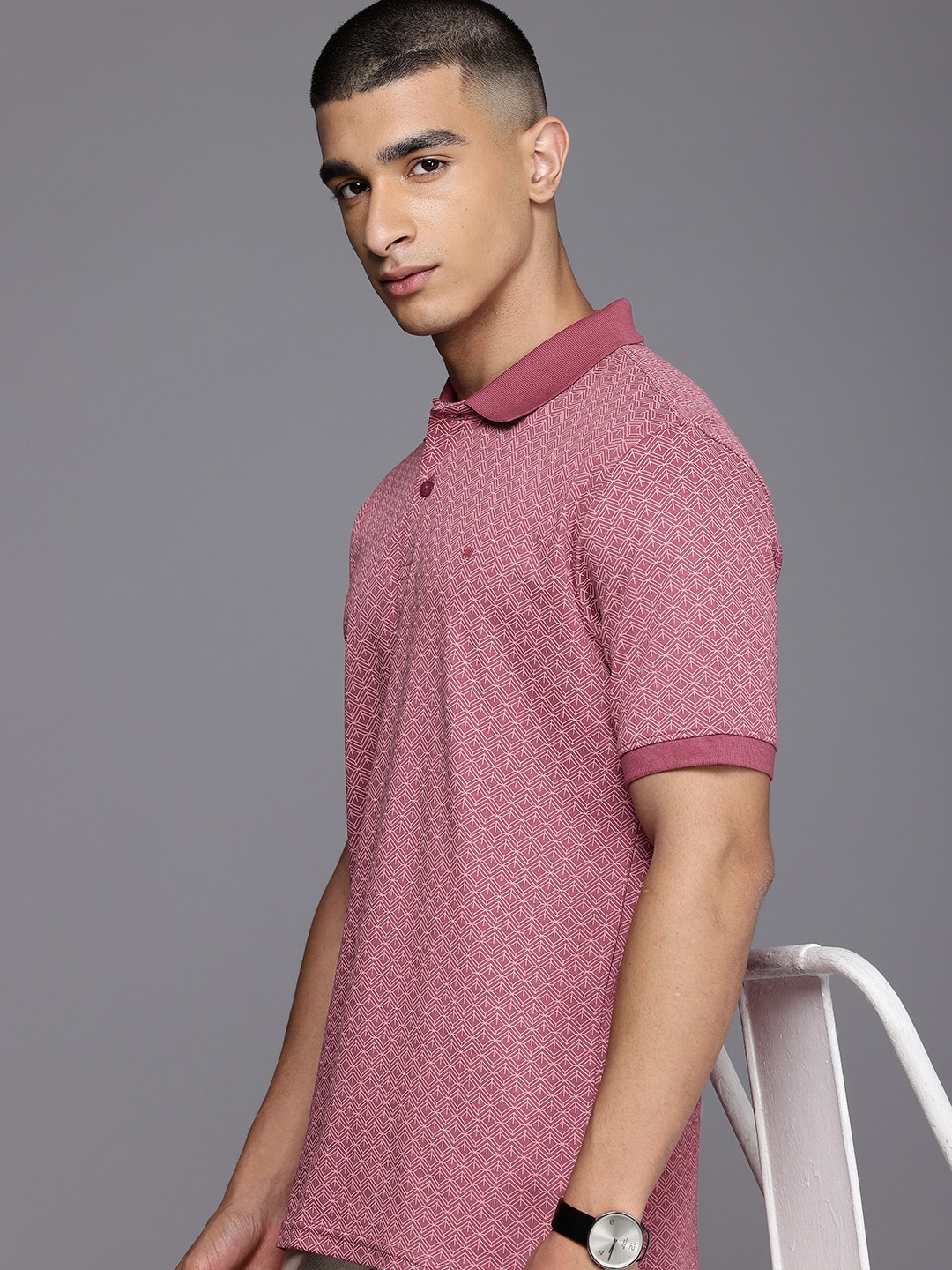 

Louis Philippe Geometric Printed Polo Collar Pure Cotton T-shirt, Pink