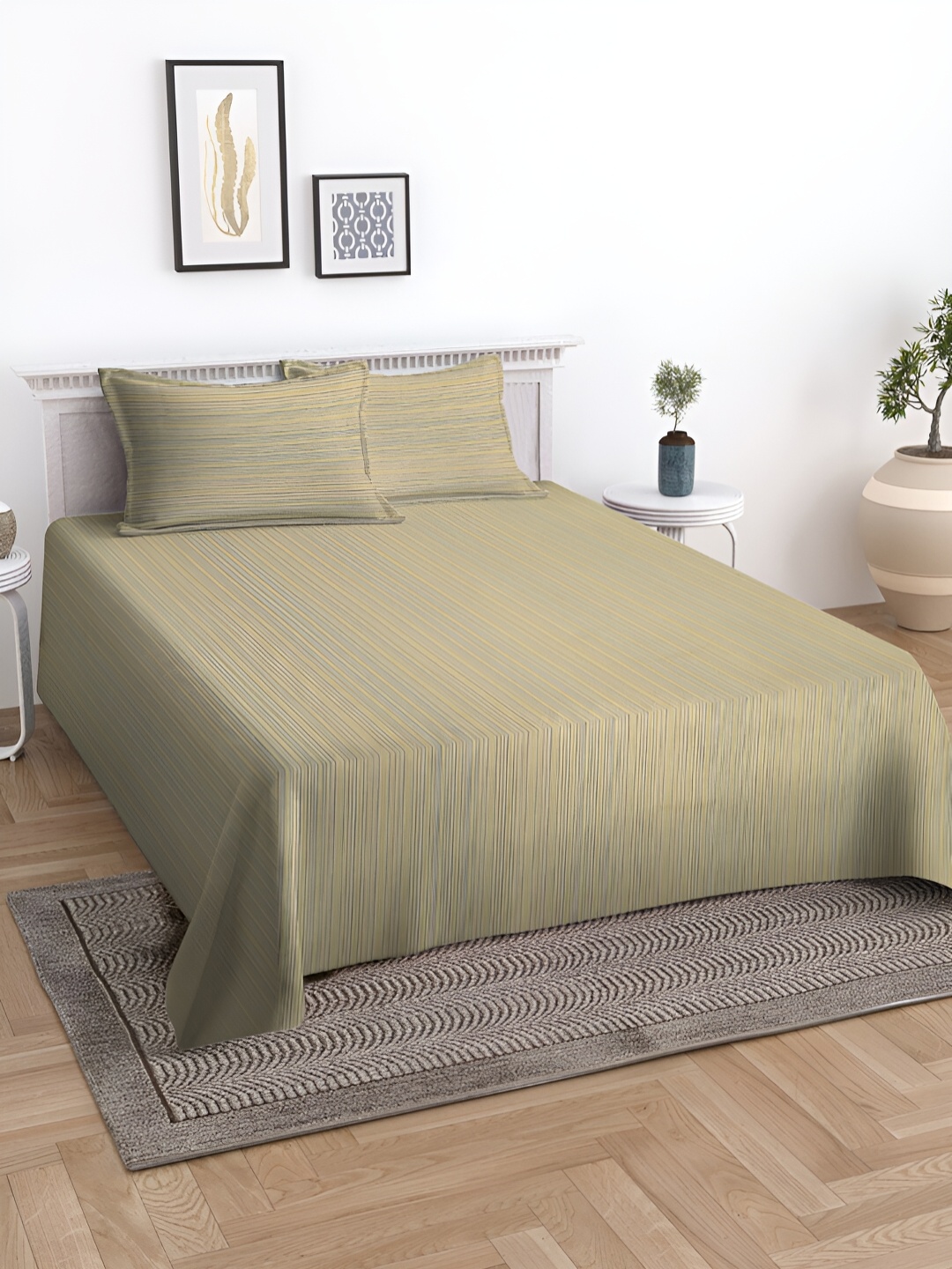 

KLOTTHE Yellow Striped 400 TC Pure Cotton King Size Bedcover with 2 Pillow covers