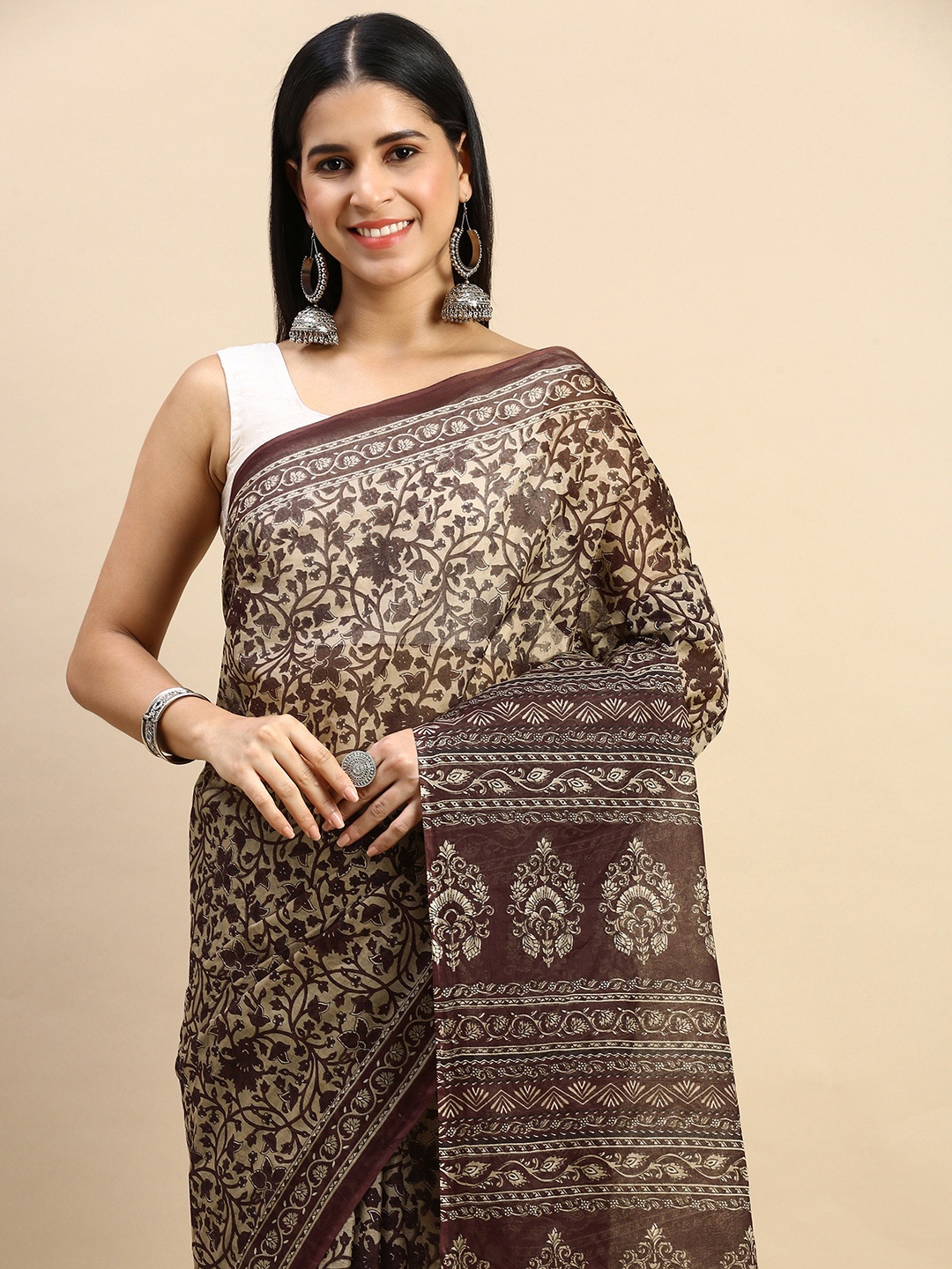 

SHANVIKA Ethnic Motifs Pure Cotton Saree, Brown