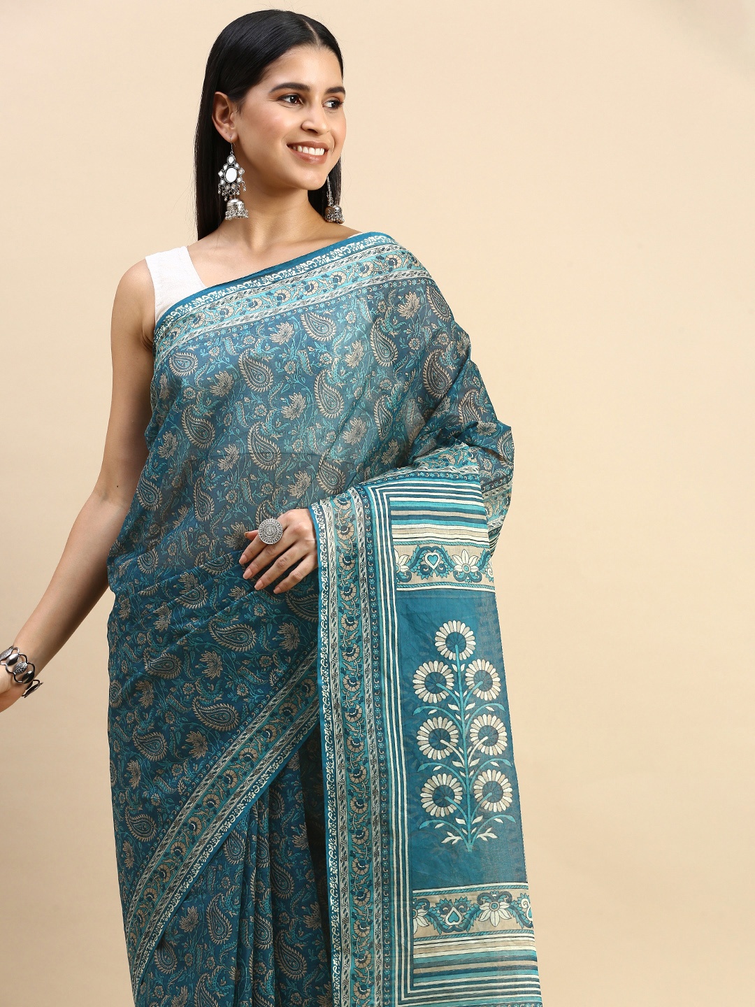 

SHANVIKA Paisley Pure Cotton Saree, Teal