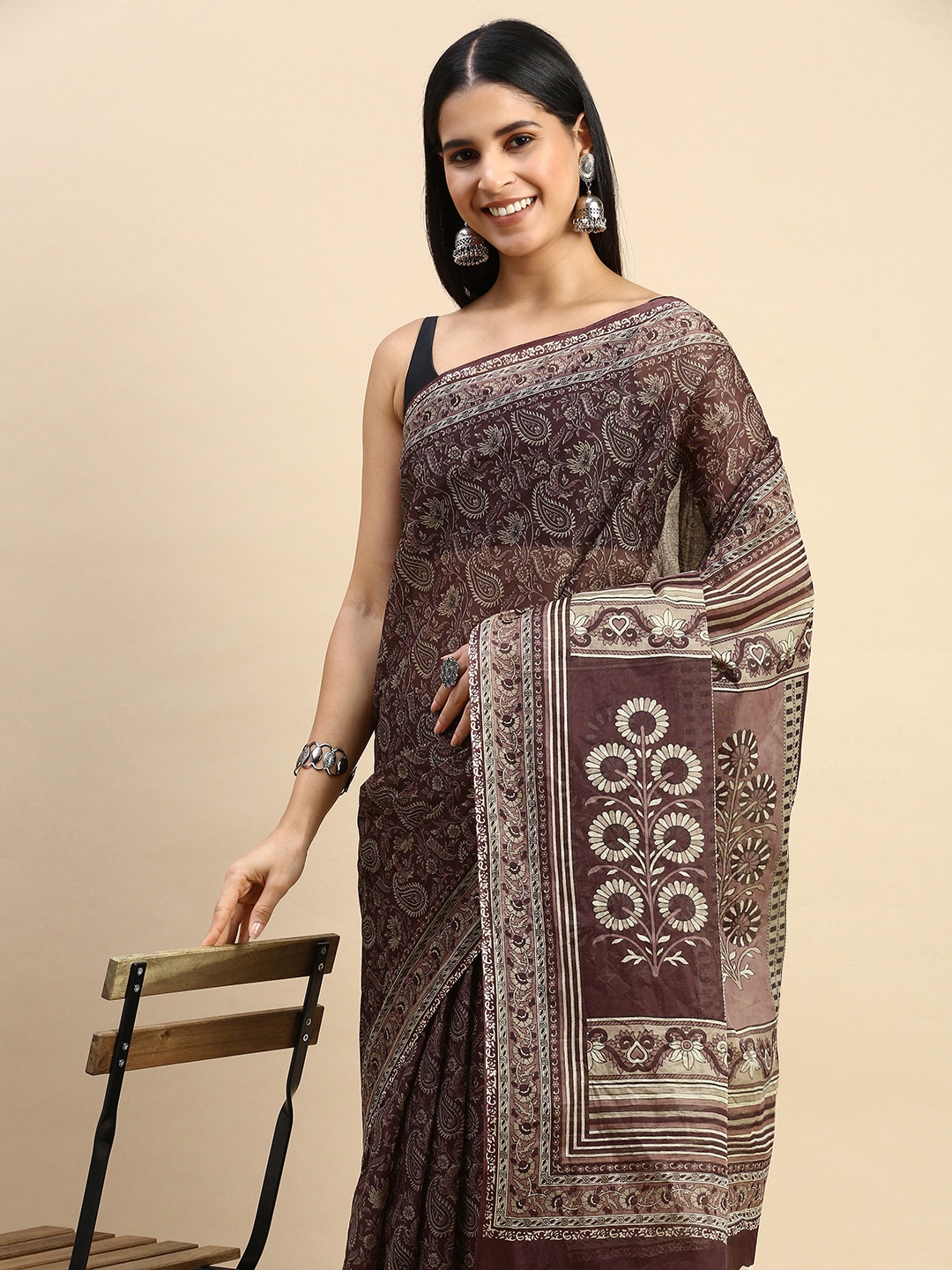 

SHANVIKA Paisley Pure Cotton Saree, Brown