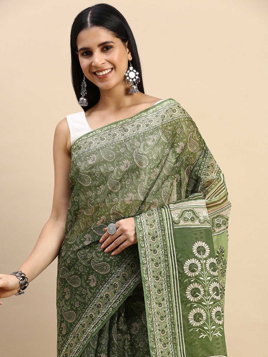 

SHANVIKA Paisley Pure Cotton Saree, Green