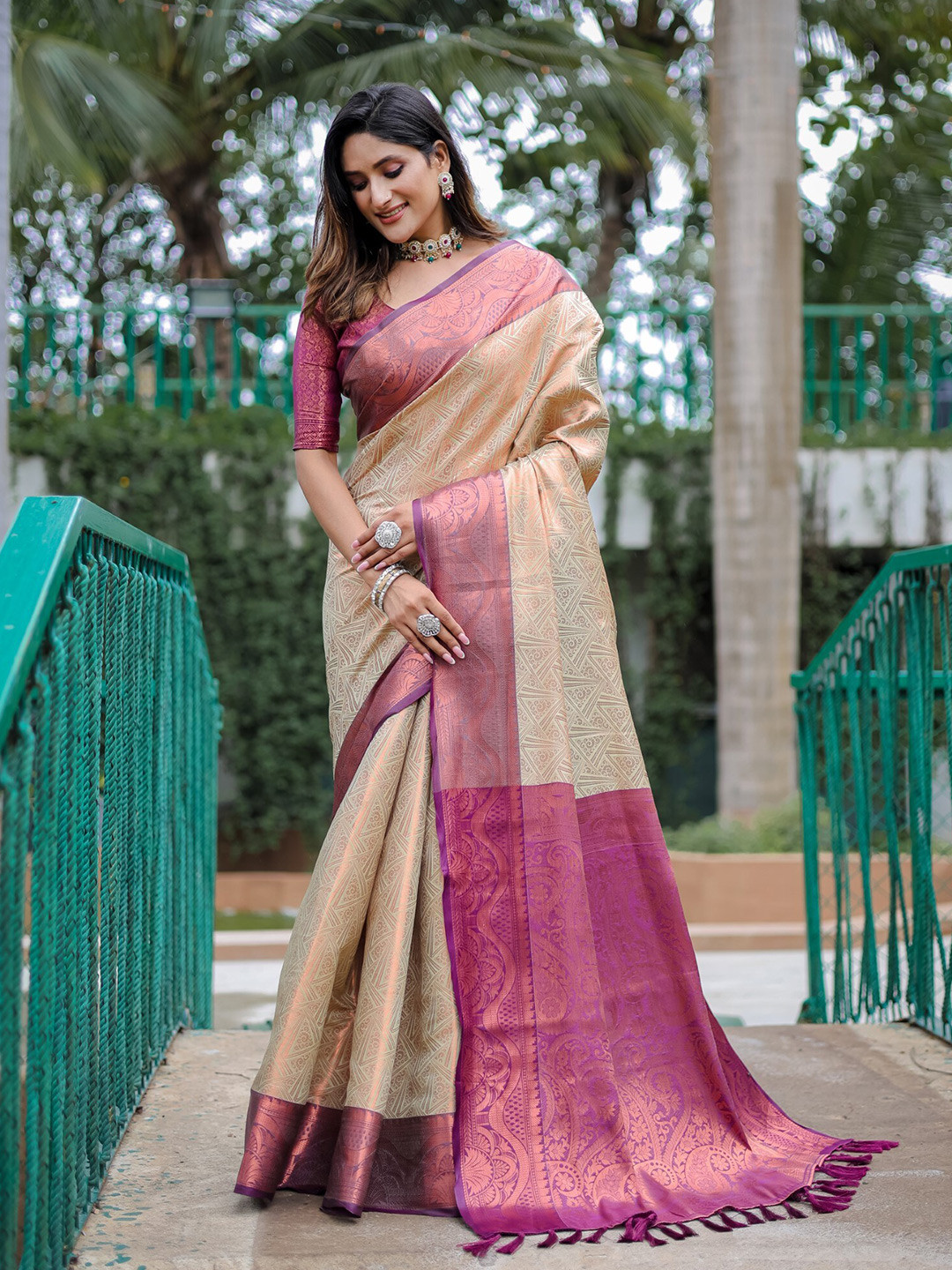 

LeeliPeeri Designer Ethnic Motifs Woven Design Zari Kanjeevaram Silk Saree, Cream