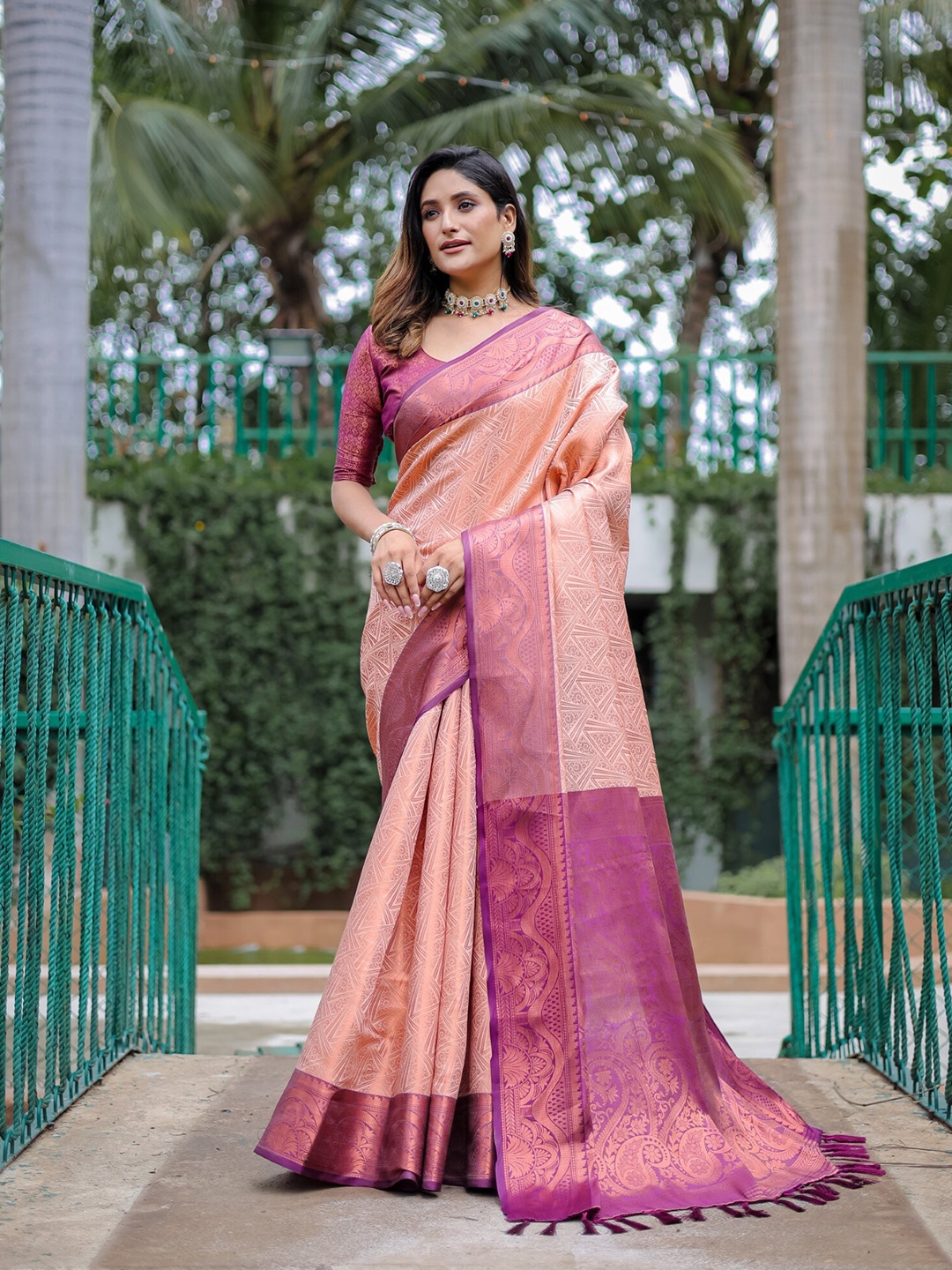 

LeeliPeeri Designer Ethnic Motifs Woven Design Zari Kanjeevaram Silk Saree, Peach