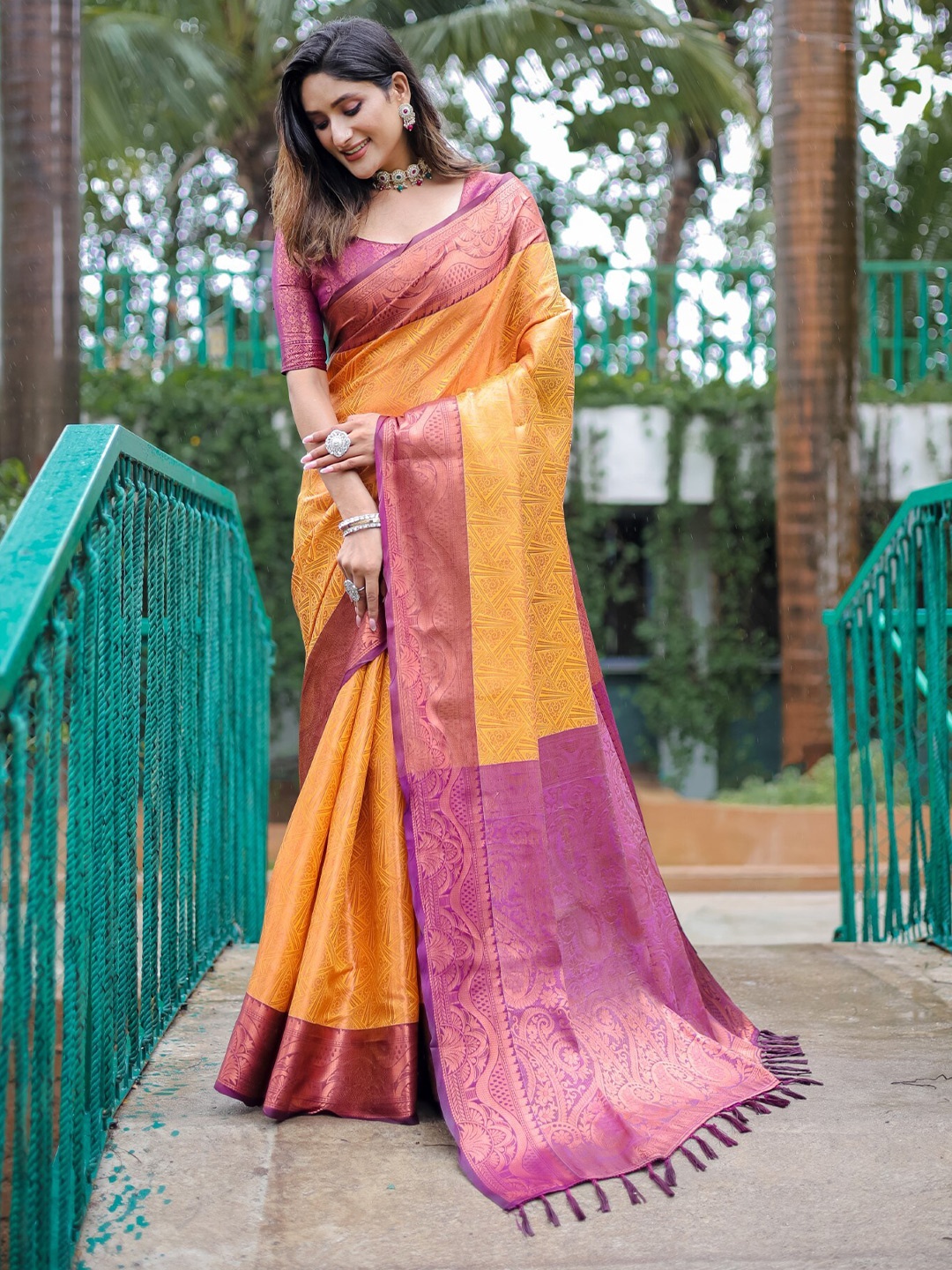 

LeeliPeeri Designer Ethnic Motifs Woven Design Zari Kanjeevaram Silk Saree, Yellow