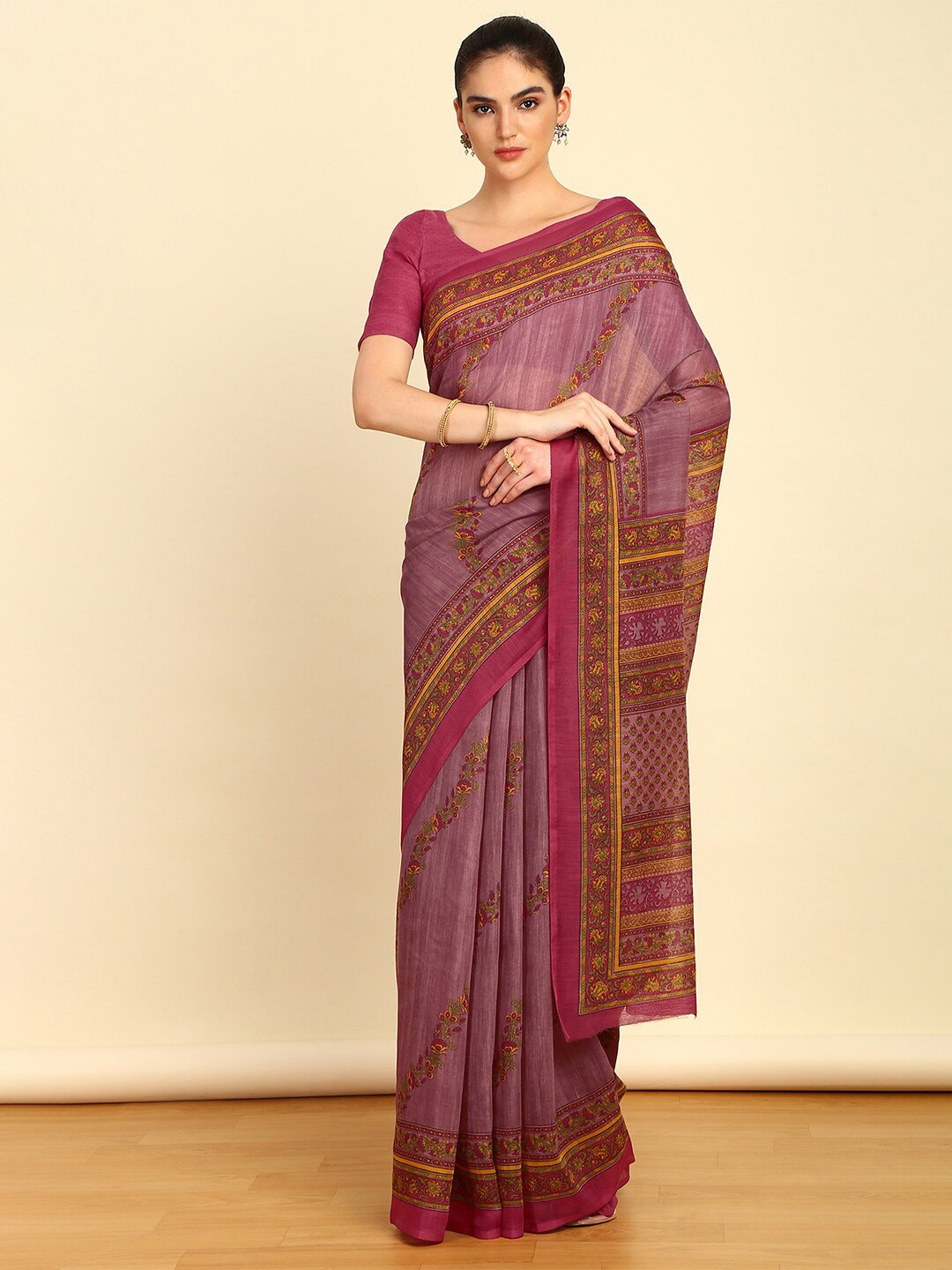 

Soch Floral Printed Pure Linen Saree, Green