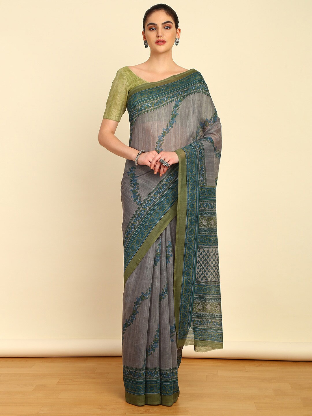 

Soch Floral Printed Pure Linen Saree, Grey