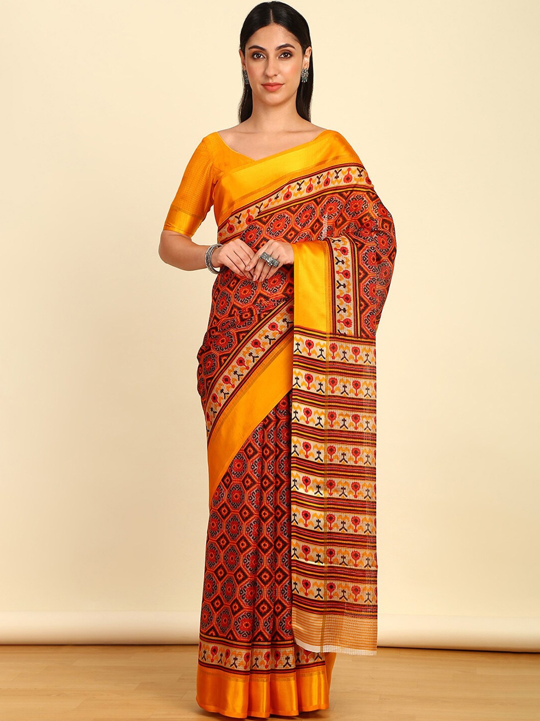 

Soch Geometric Printed Pure Cotton Ikat Saree, Mustard