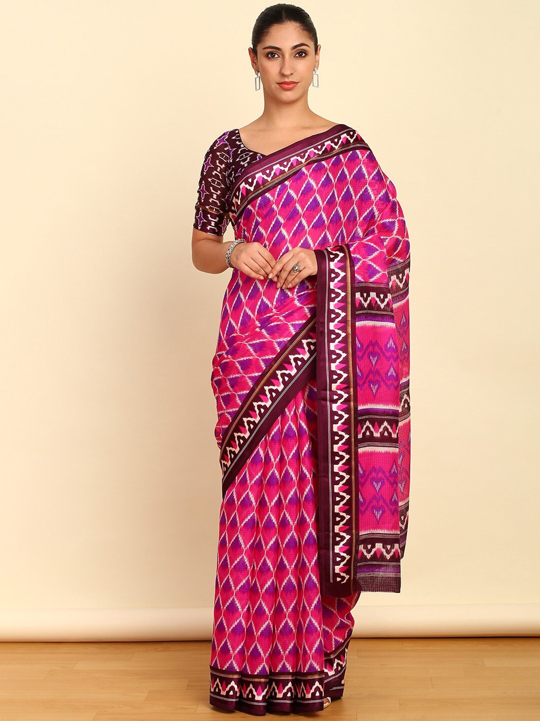 

Soch Printed Pure Cotton Ikat Saree, Magenta