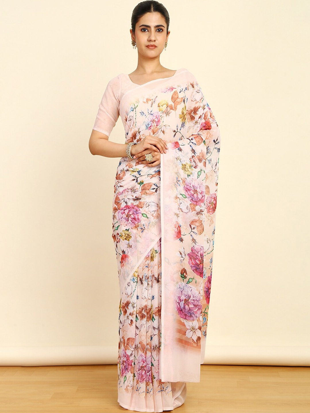 Soch Floral Pure Georgette Saree, Peach