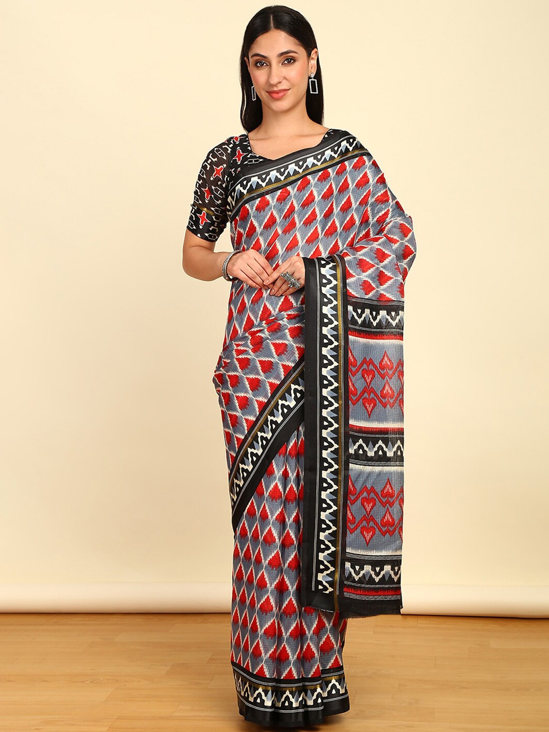 

Soch Printed Pure Cotton Ikat Saree, Grey