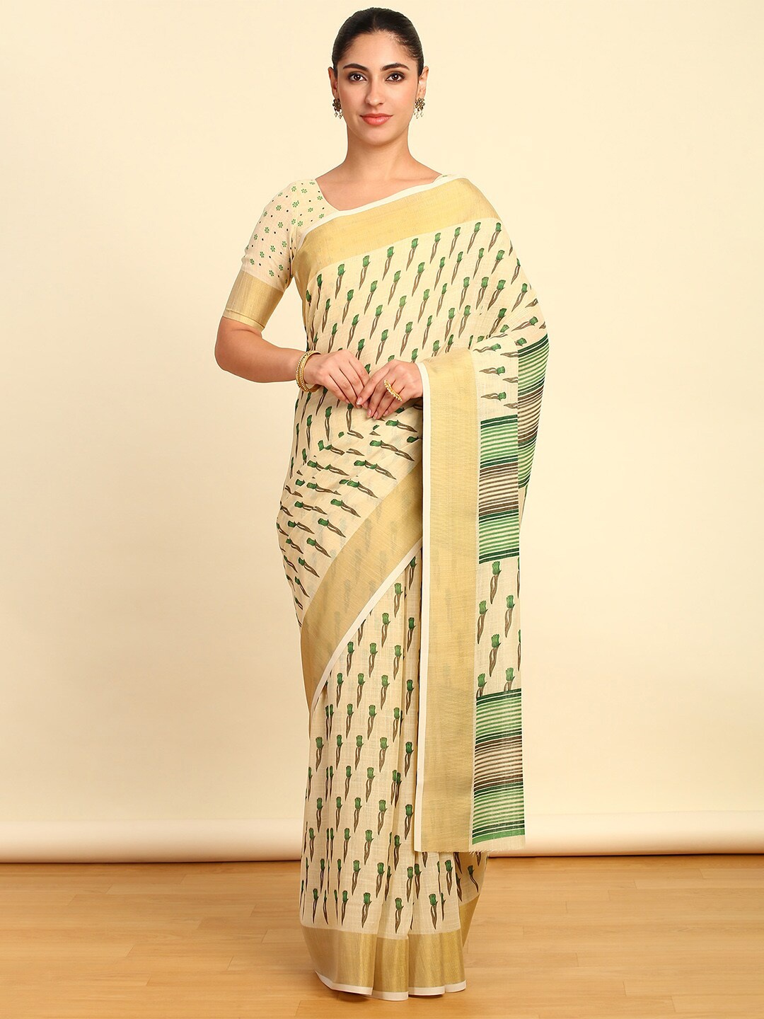 

Soch Floral Pure Linen Saree, Green