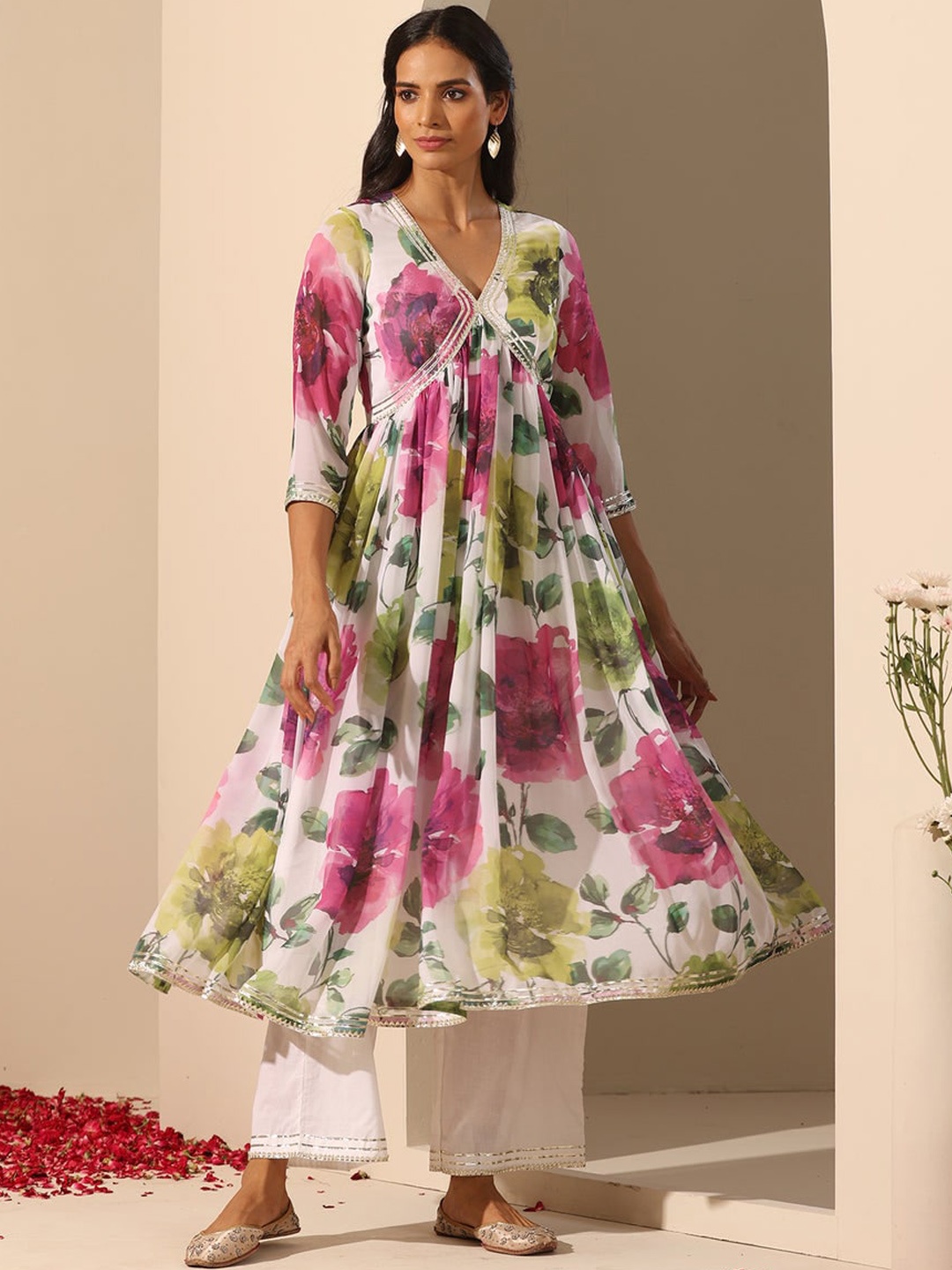 

NAINVISH V Neck Floral Printed Anarkali Kurta with Trousers & Dupatta, White