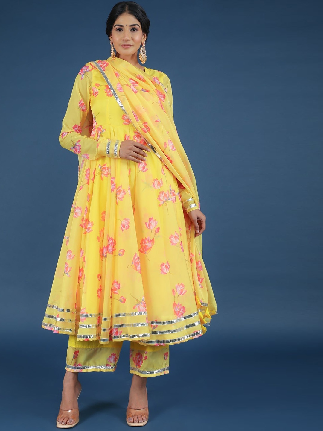 

NAINVISH Sweetheart Neck Long Sleeves Floral Printed Anarkali Kurta with Trouser & Dupatta, Yellow