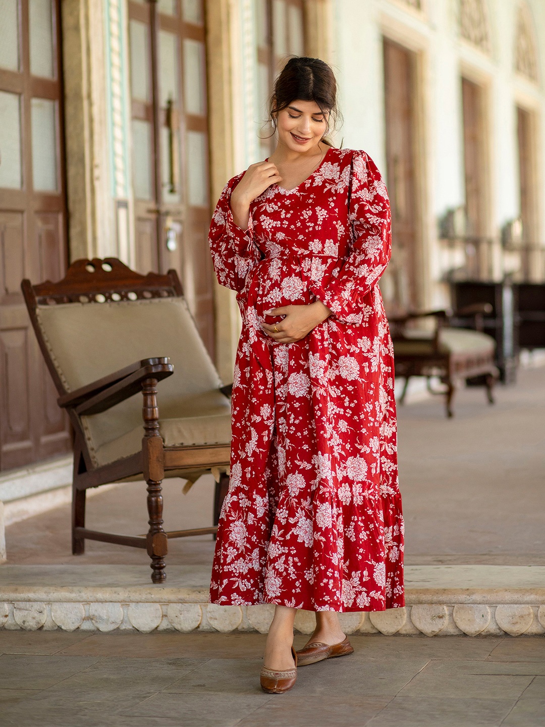 

Nayo Floral Printed V Neck Maternity Cotton Maxi Dress, Red