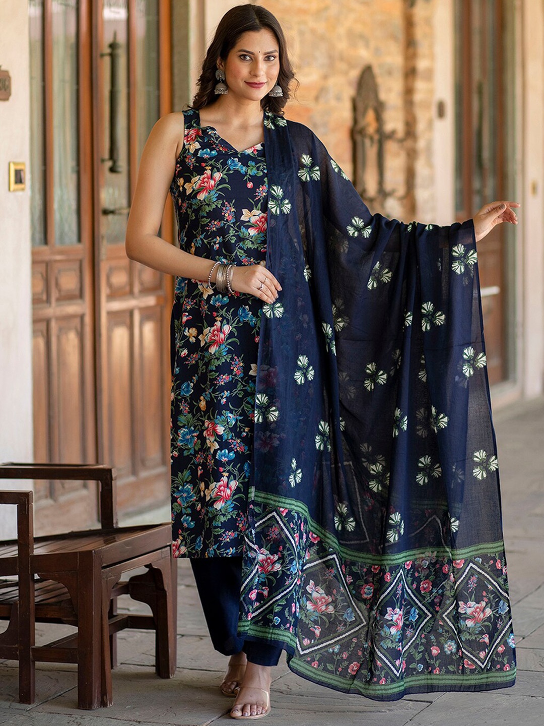 

Nayo Shoulder Straps Sleeveless Floral Printed Pure Cotton Kurta with Trouser & Dupatta, Navy blue