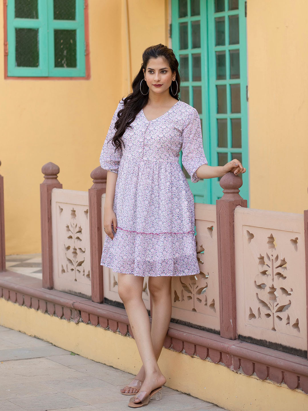 

Nayo Floral Printed V-Neck Cuffed Sleeves Gathered Georgette A-Line Dress, Off white