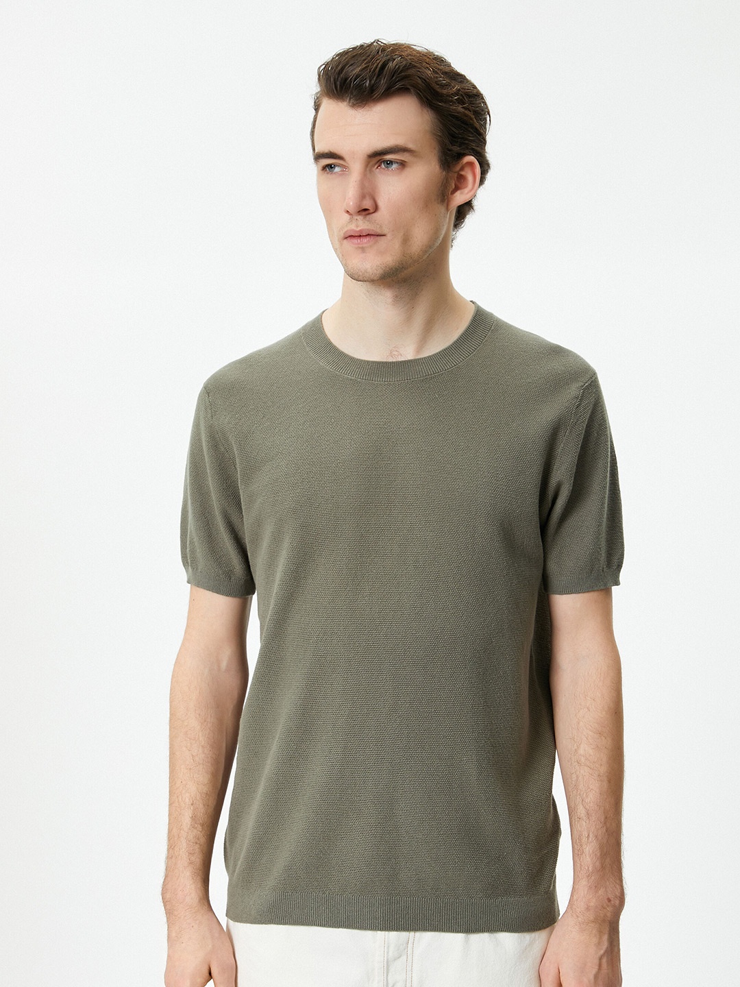

Koton Ribbed Round Neck Short Sleeves Cotton Pullover, Khaki
