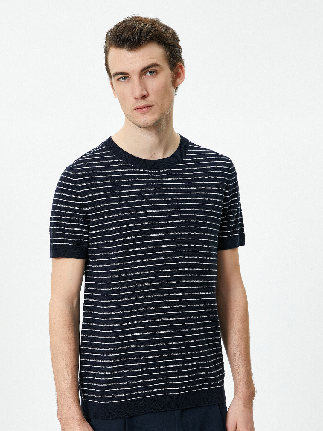

Koton Horizontal Striped Round Neck Cotton T-shirt, Navy blue