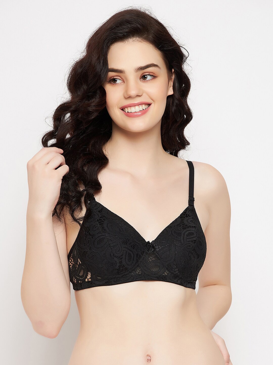 

Clovia Black Lace Full Coverage Lightly Padded T-shirt Bra With All Day Comfort