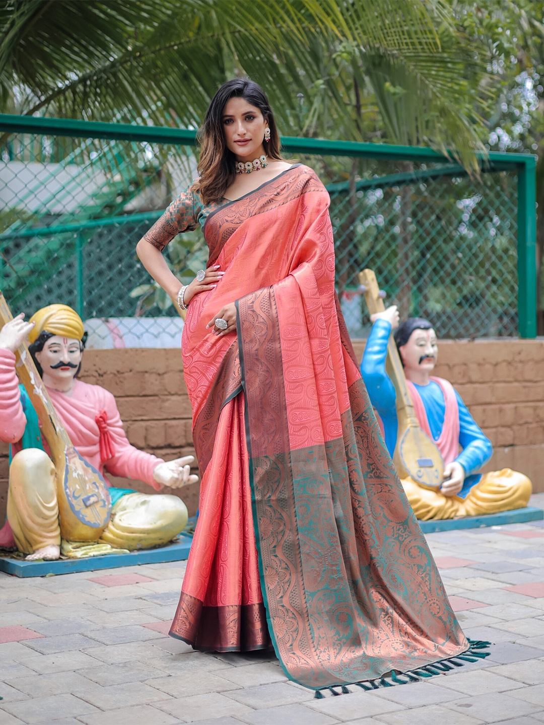 

LeeliPeeri Designer Ethnic Motifs Woven Design Zari Detailed Kanjeevaram Saree, Peach