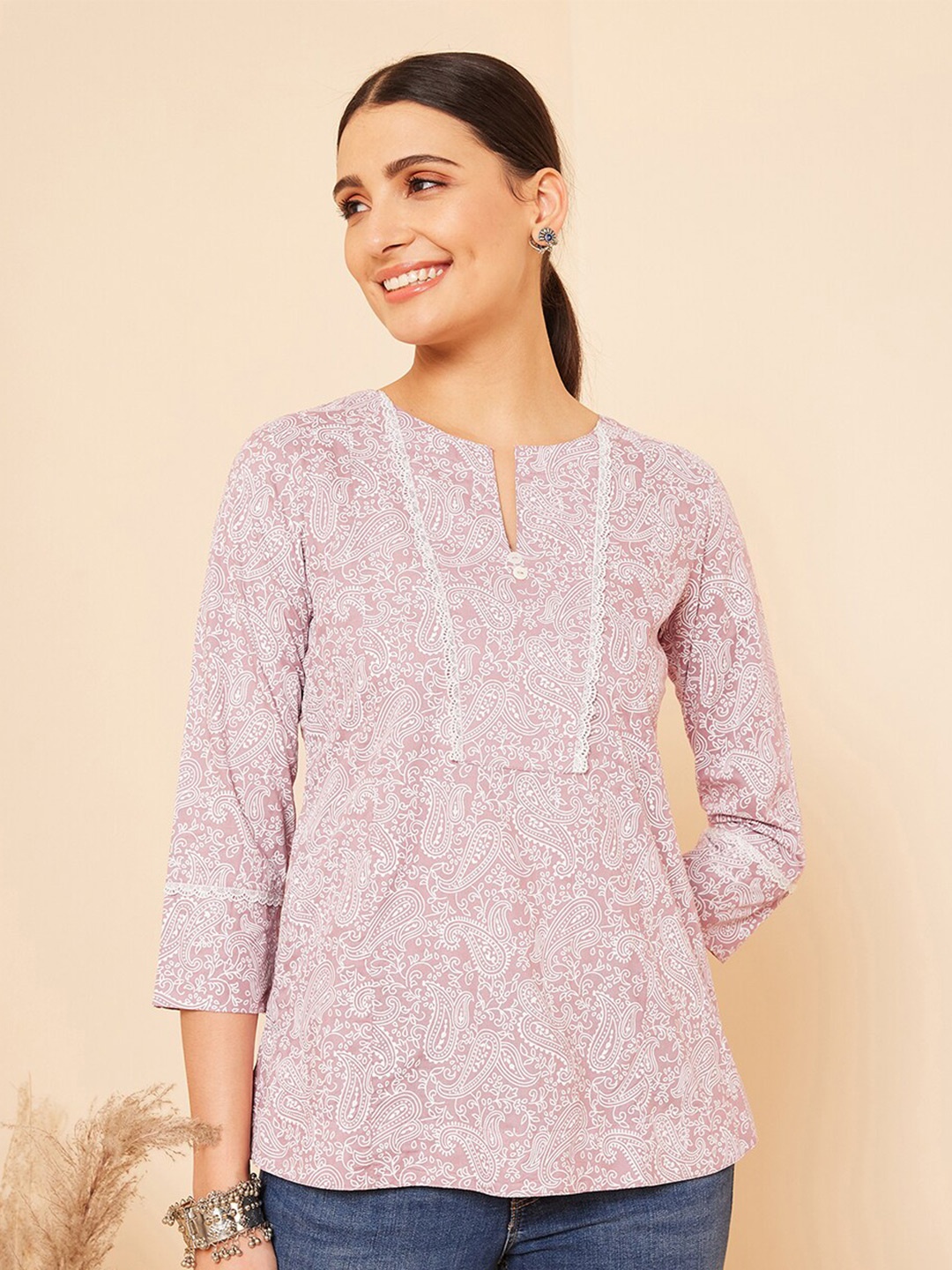 

STADO Ethnic Motifs Print V-Neck Cotton Top, Pink